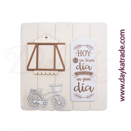Tabla con mensaje "ALL YOU NEED IS LOVE" con bici y ventana sobre una tabla rayada de madera