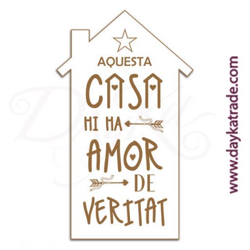 Etiqueta de tablero lacado blanco con mensaje grabado "Aquesta casa mi ma amor".