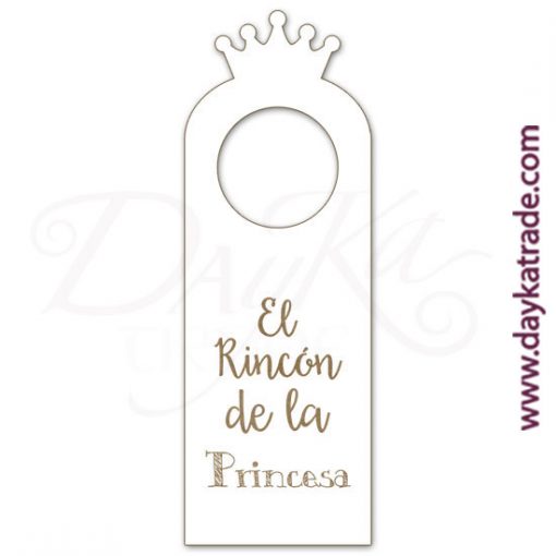 Etiqueta de tablero lacado blanco con mensaje grabado "El rincón de la princesa", con diseños grabados que se pueden pintar con pinturas acrílicas Artis. Disponible en catalán o castellano.